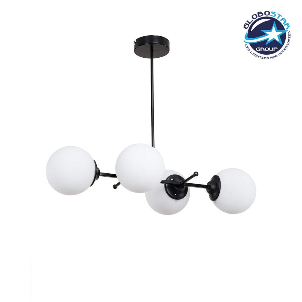 GloboStar® GLOBUS 203-0104 Μοντέρνο Φωτιστικό Οροφής Μπάλα Πολύφωτο 4 x E27 IP20 Μαύρο Μέταλλο με Λευκό Γυαλί - Μ70 x Π34 x Υ15cm