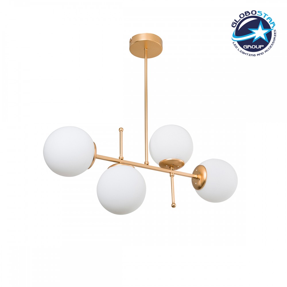 GloboStar® GLOBUS 203-0105 Μοντέρνο Φωτιστικό Οροφής Μπάλα Πολύφωτο 4 x E27 IP20 Χρυσό Μέταλλο με Λευκό Γυαλί - Μ70 x Π15 x Υ34cm