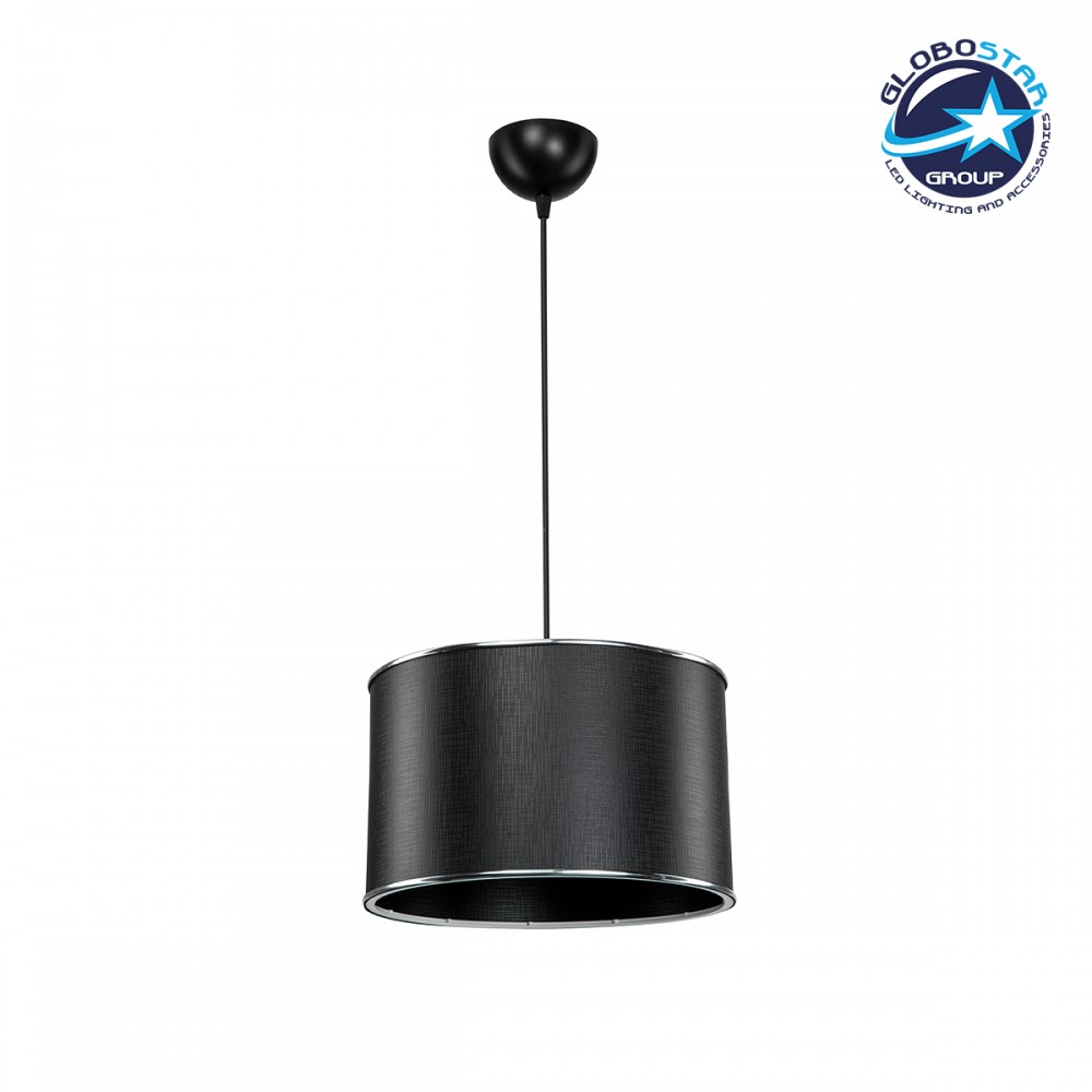 GloboStar® ELECTRA 203-0111 Μοντέρνο Κρεμαστό Φωτιστικό Καπέλο Μονόφωτο 1 x E27 IP20 Mαύρο Ύφασμα με Ασημί Μέταλλο - Μ30 x Π30 x Υ23cm