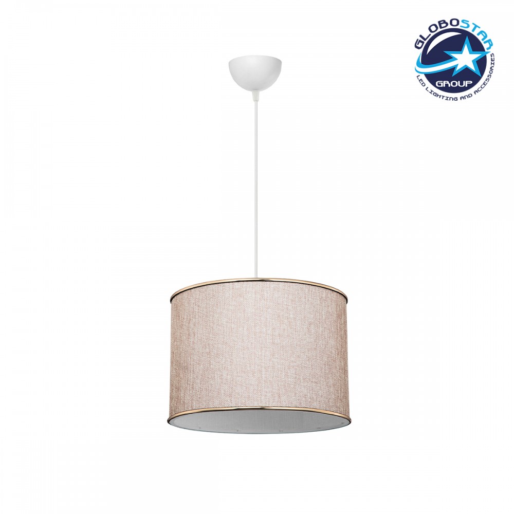 GloboStar® ELECTRA 203-0112 Μοντέρνο Κρεμαστό Φωτιστικό Καπέλο Μονόφωτο 1 x E27 IP20 Mπεζ Ύφασμα με Χρυσό Μέταλλο - Μ30 x Π30 x Υ23cm