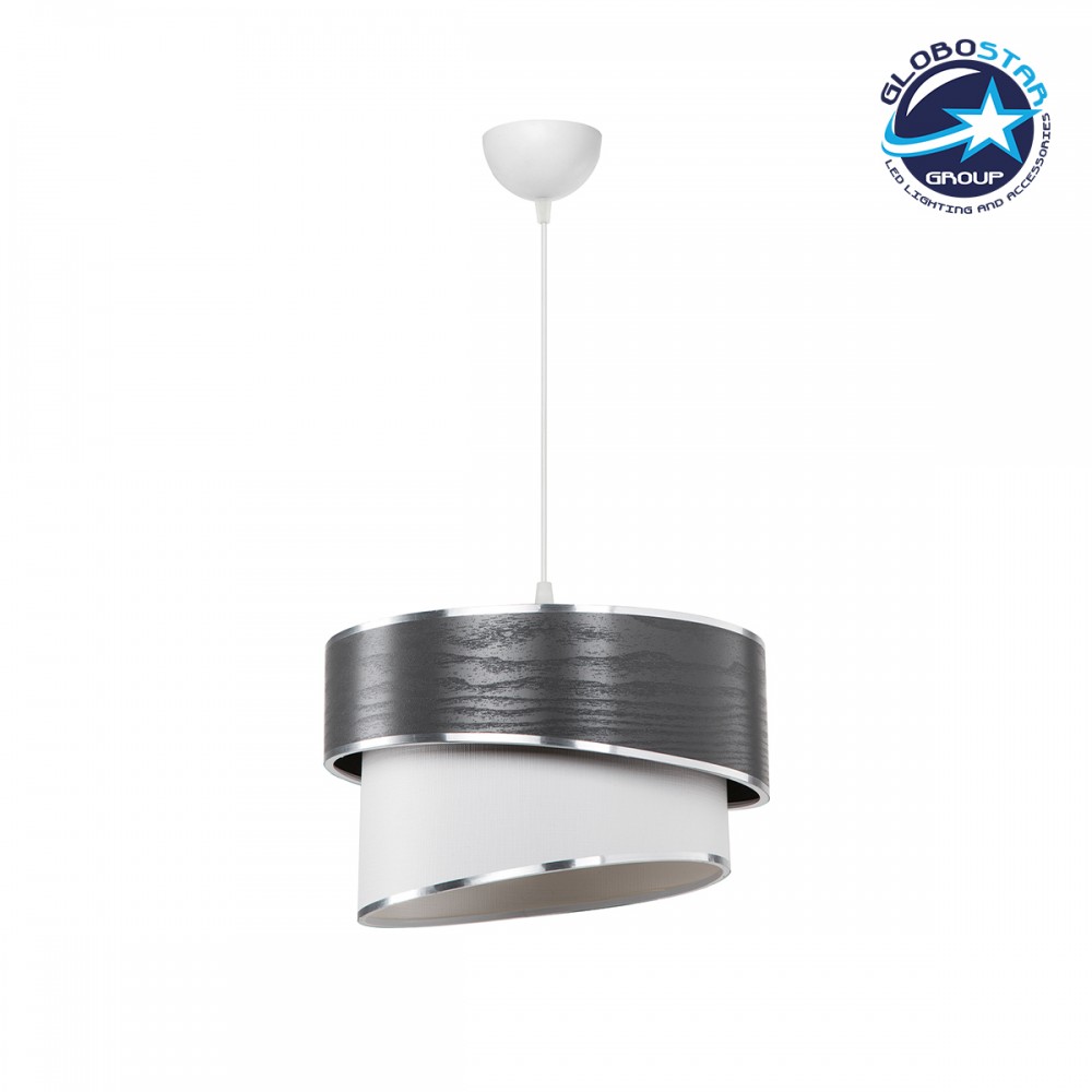 GloboStar® SONIA 203-0116 Μοντέρνο Κρεμαστό Φωτιστικό Καπέλο Μονόφωτο 1 x E27 IP20 Σκούρο Γκρι & Λευκό Ύφασμα με Ασημί Λεπτομέρεια - Μ30 x Π30 x Υ90 cm