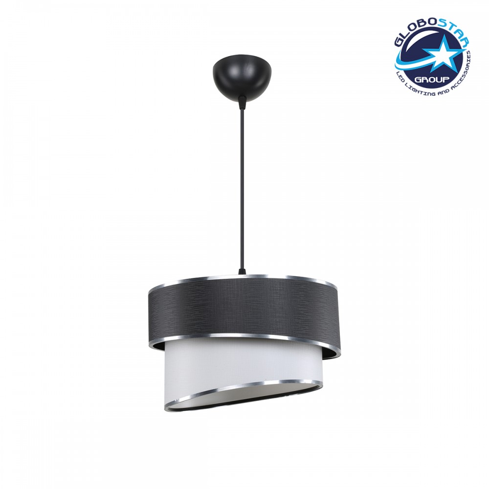 GloboStar® SONIA 203-0118 Μοντέρνο Κρεμαστό Φωτιστικό Καπέλο Μονόφωτο 1 x E27 IP20 Μαύρο & Λευκό Ύφασμα με Ασημί Λεπτομέρεια - Μ30 x Π30 x Υ90 cm