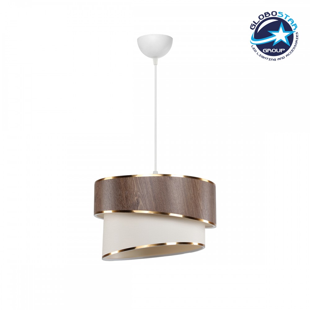 GloboStar® SONIA 203-0119 Μοντέρνο Κρεμαστό Φωτιστικό Καπέλο Μονόφωτο 1 x E27 IP20 Καφέ & Μπεζ Ύφασμα με Χρυσή Λεπτομέρεια - Μ30 x Π30 x Υ90 cm