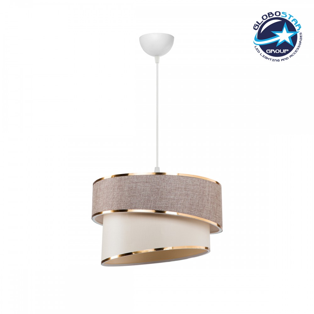 GloboStar® SONIA 203-0121 Μοντέρνο Κρεμαστό Φωτιστικό Καπέλο Μονόφωτο 1 x E27 IP20 Σκούρο Μπεζ & Μπεζ Ύφασμα με Χρυσή Λεπτομέρεια - Μ30 x Π30 x Υ90 cm