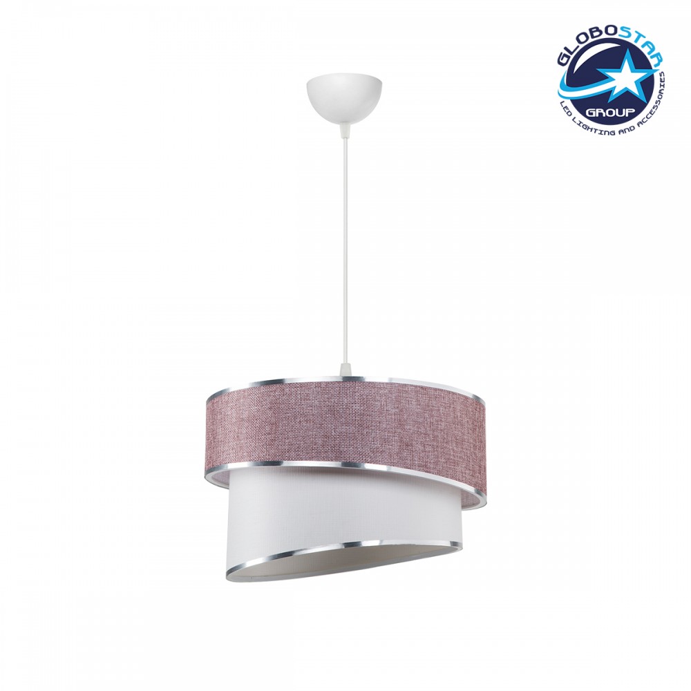 GloboStar® SONIA 203-0122 Μοντέρνο Κρεμαστό Φωτιστικό Καπέλο Μονόφωτο 1 x E27 IP20 Ροζ & Λευκό Ύφασμα με Ασημί Λεπτομέρεια - Μ30 x Π30 x Υ90 cm