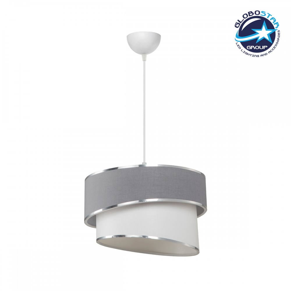 GloboStar® SONIA 203-0123 Μοντέρνο Κρεμαστό Φωτιστικό Καπέλο Μονόφωτο 1 x E27 IP20 Γκρι & Λευκό Ύφασμα με Ασημί Λεπτομέρεια - Μ30 x Π30 x Υ90 cm
