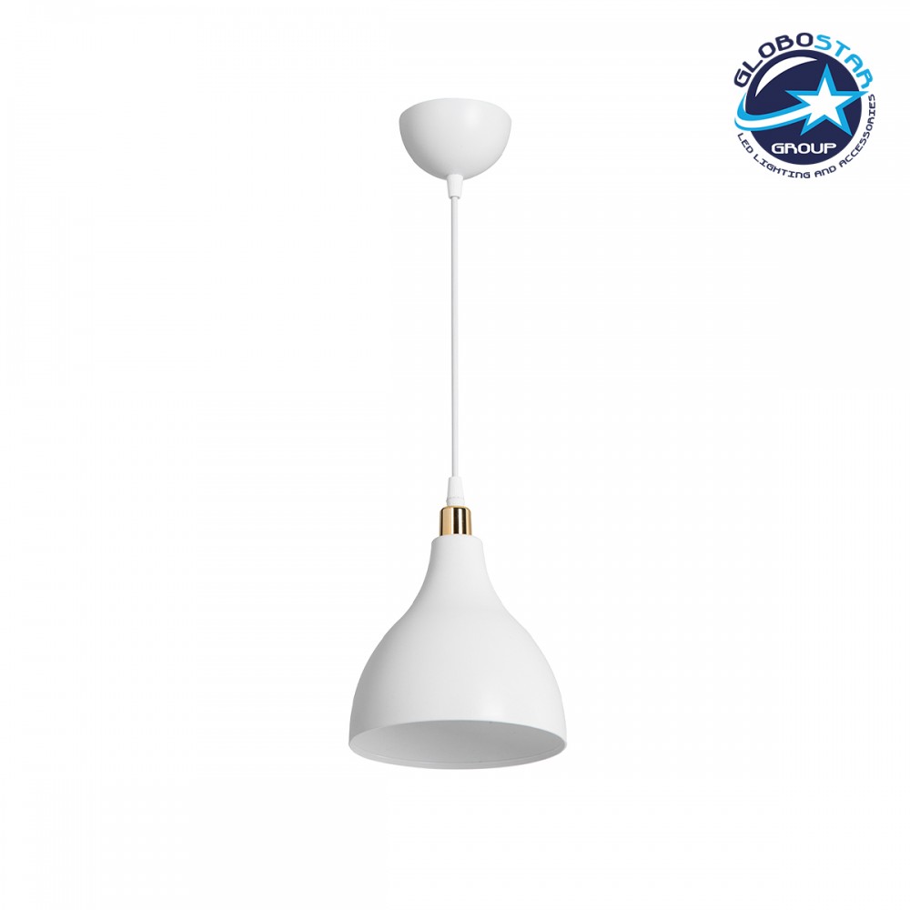 GloboStar® RADE 203-0125 Μοντέρνο Κρεμαστό Φωτιστικό Καμπάνα Μονόφωτο 1 x E27 IP20 Λευκό με Χρυσό Πλαστικό - Μ17.5 x Π17.5 x Υ56cm