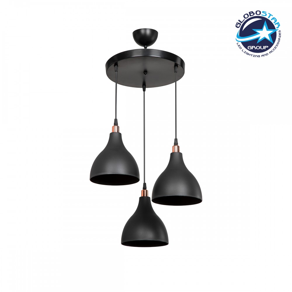 GloboStar® RADE 203-0127 Vintage Κρεμαστό Φωτιστικό Καμπάνα Τρίφωτο 3 x E27 IP20 Μαύρο Πλαστικό - Μ40 x Π40 x Υ80cm