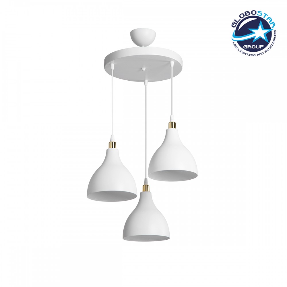 GloboStar® RADE 203-0128 Vintage Κρεμαστό Φωτιστικό Καμπάνα Τρίφωτο 3 x E27 IP20 Λευκό Πλαστικό - Μ40 x Π40 x Υ80cm