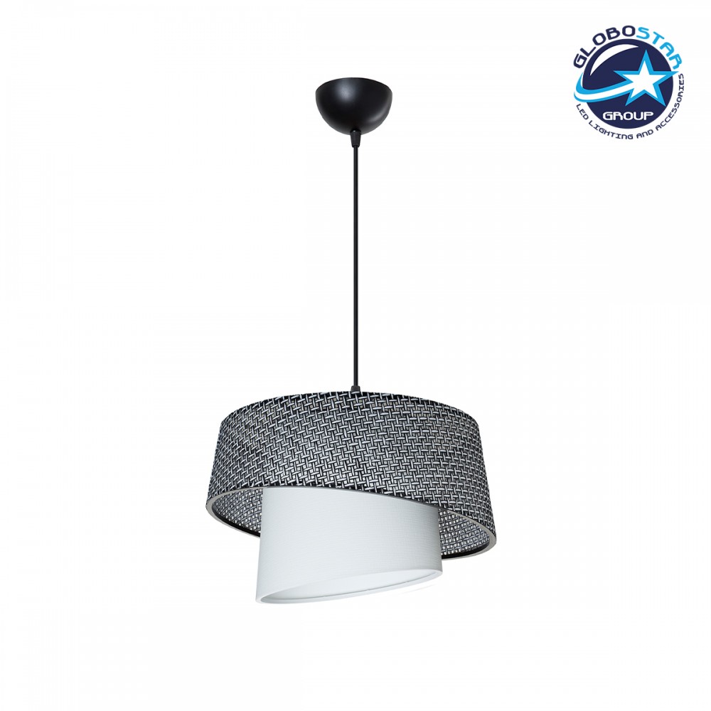 GloboStar® ALINA 203-0130 Μοντέρνο Κρεμαστό Φωτιστικό Καπέλο Μονόφωτο 1 x E27 IP20 Γκρι & Λευκό Ύφασμα - Μ30 x Π30 x Υ93cm