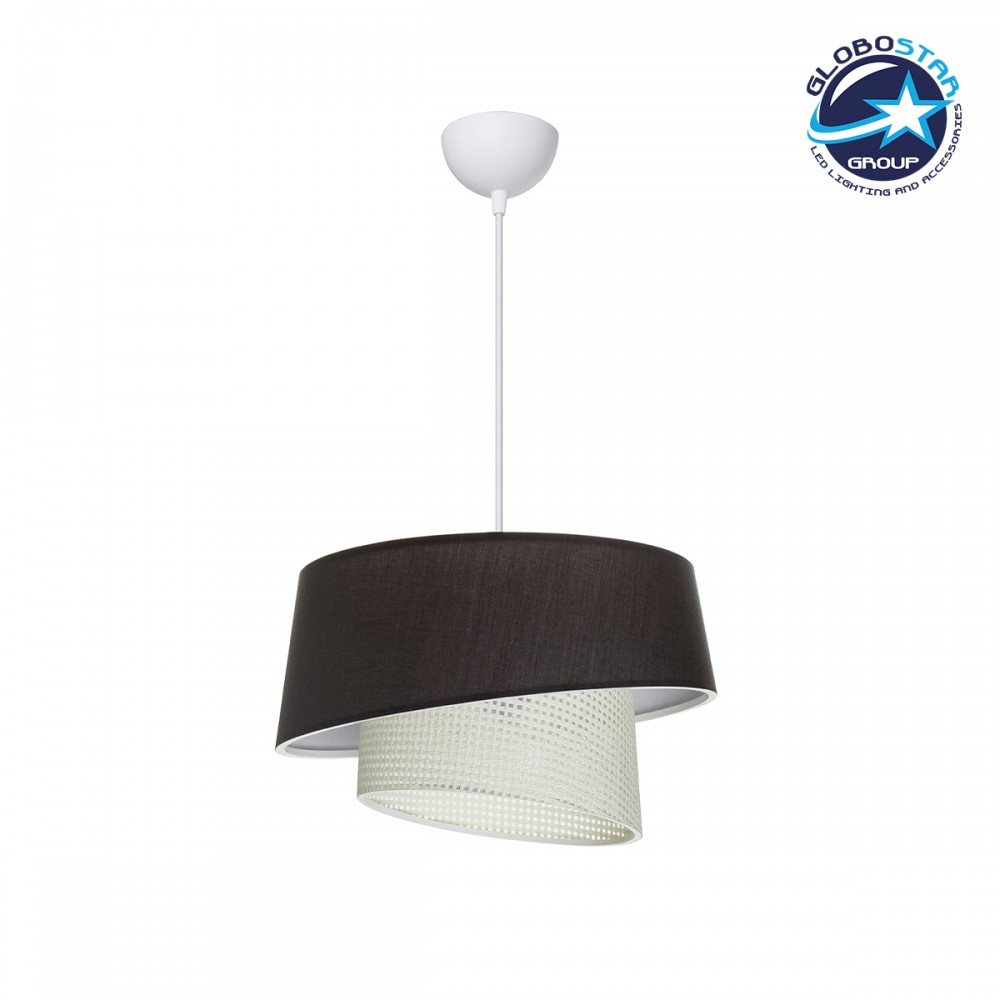 GloboStar® ALINA 203-0131 Μοντέρνο Κρεμαστό Φωτιστικό Καπέλο Μονόφωτο 1 x E27 IP20 Μαύρο & Λευκό Ύφασμα - Μ30 x Π30 x Υ93cm