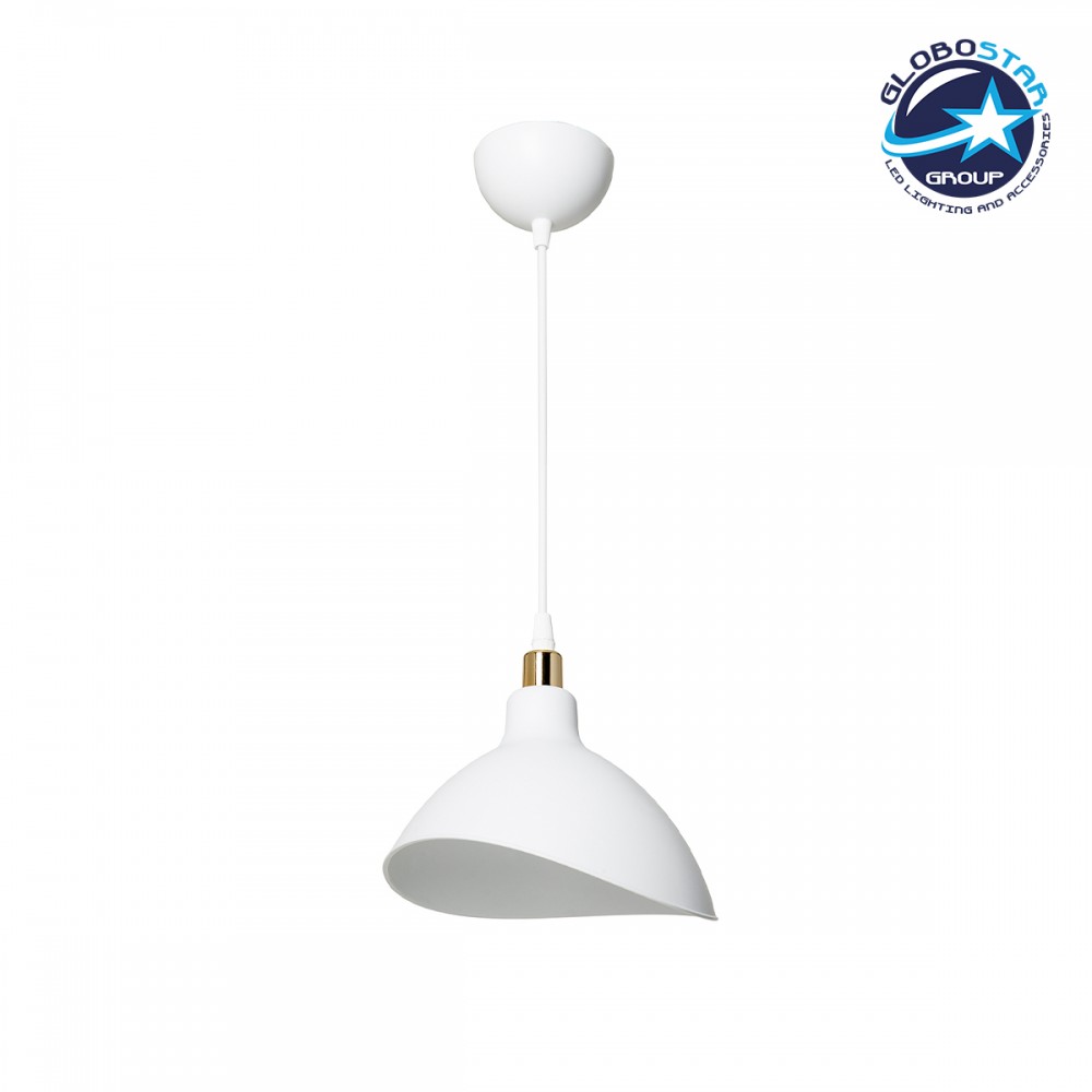 GloboStar® RIVE 203-0141 Μοντέρνο Κρεμαστό Φωτιστικό Καμπάνα Μονόφωτο 1 x E27 IP20 Λευκό με Χρυσό Πλαστικό - Μ22 x Π22 x Υ83cm