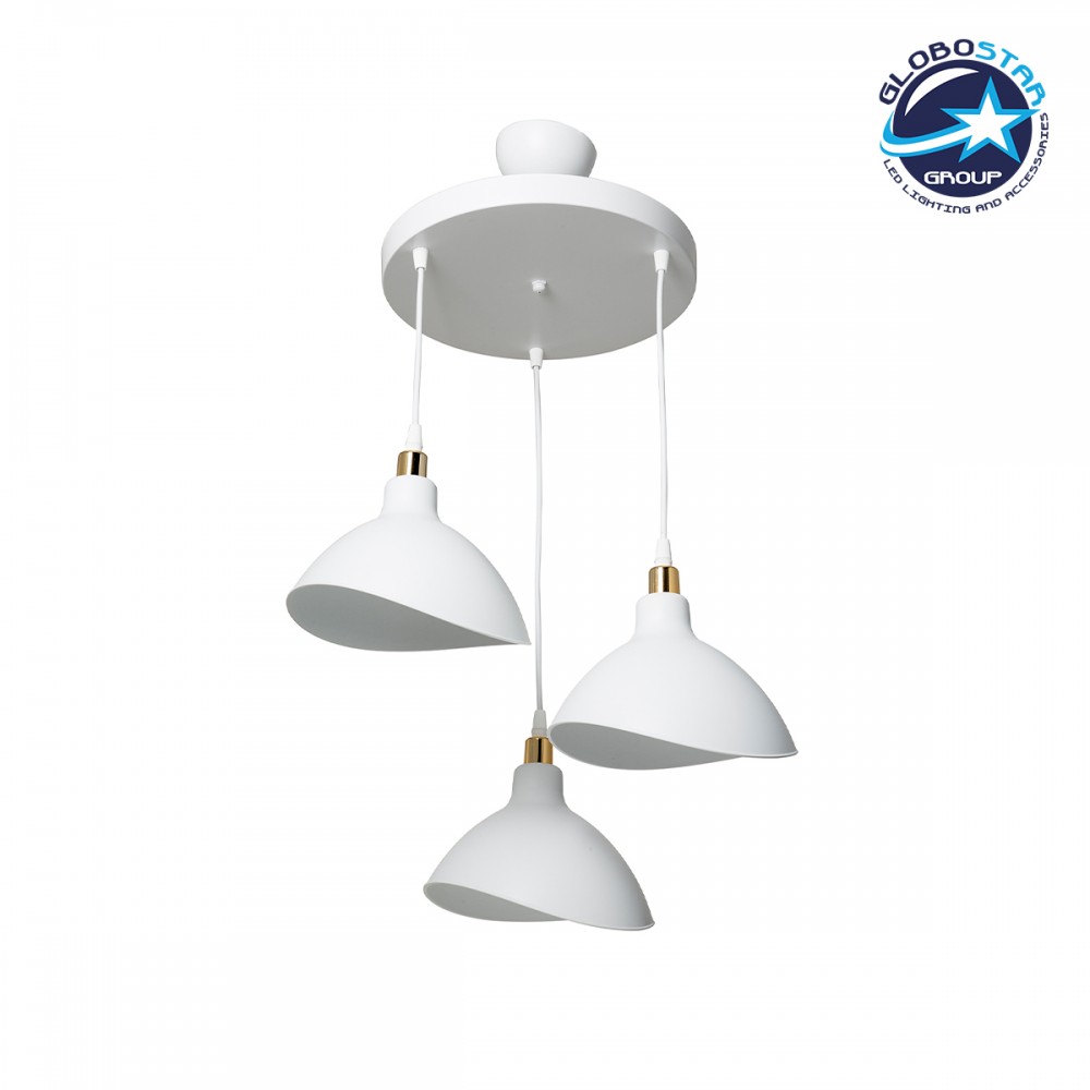 GloboStar® RIVE 203-0142 Μοντέρνο Κρεμαστό Φωτιστικό Καμπάνα Τρίφωτο 3 x E27 IP20 Λευκό με Χρυσό Πλαστικό - Μ45 x Π45 x Υ80cm