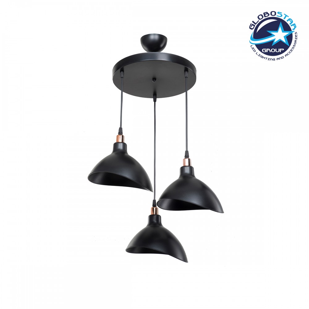 GloboStar® RIVE 203-0144 Μοντέρνο Κρεμαστό Φωτιστικό Καμπάνα Τρίφωτο 3 x E27 IP20 Μαύρο με Χρυσό Πλαστικό - Μ45 x Π45 x Υ80cm