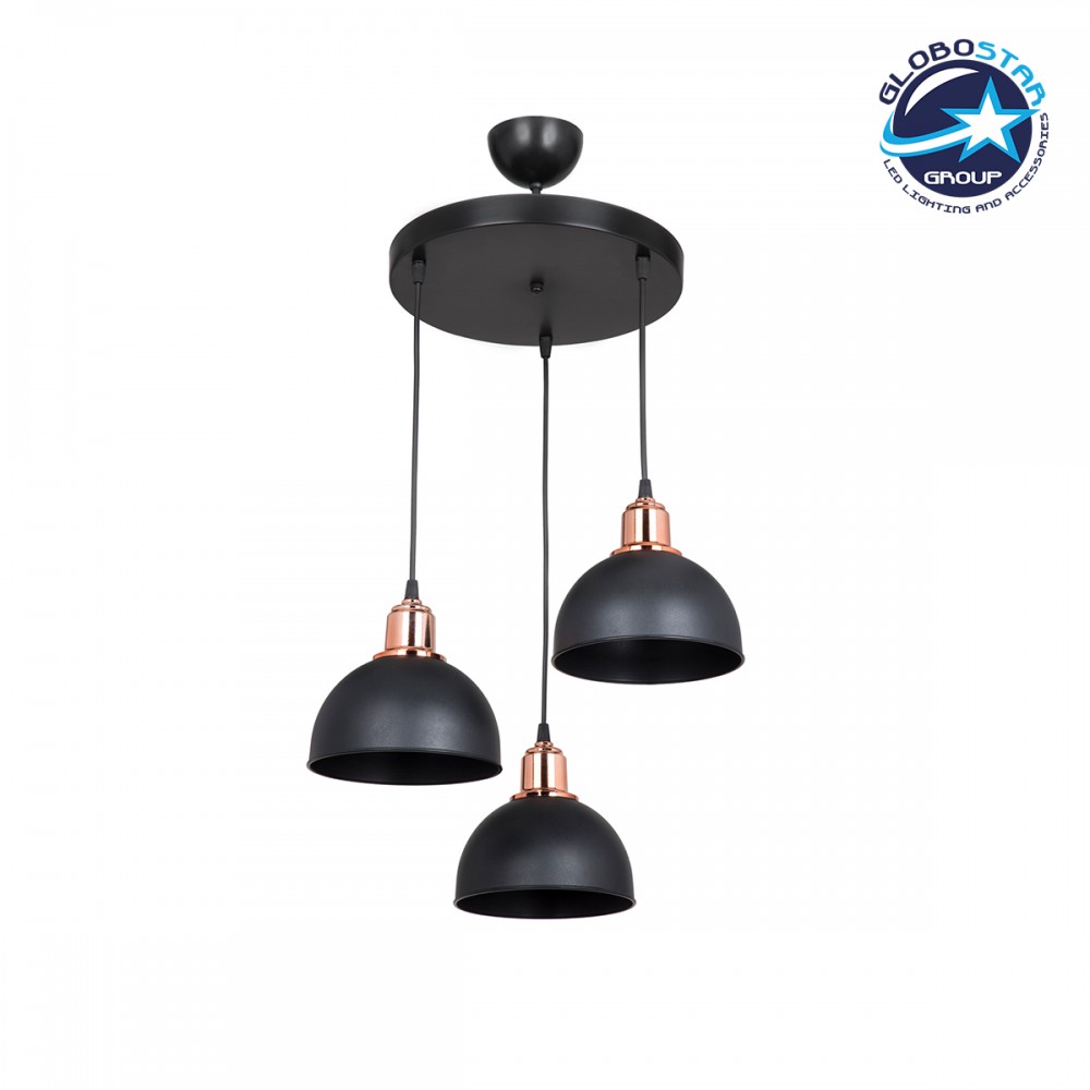 GloboStar® ΗUT 203-0146 Μοντέρνο Κρεμαστό Φωτιστικό Καμπάνα Τρίφωτο 3 x E27 IP20 Μαύρο με Χρυσό Πλαστικό - Μ40 x Π40 x Υ76cm