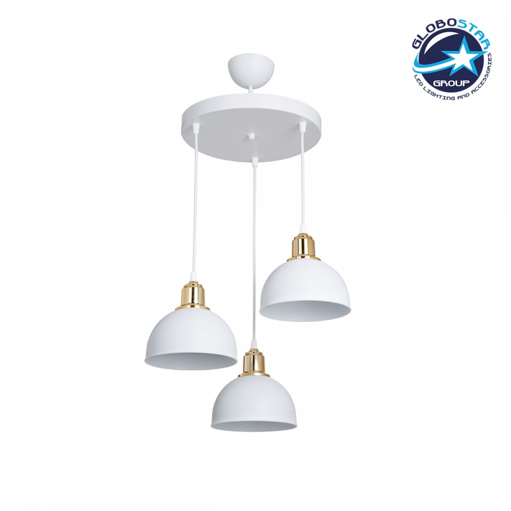 GloboStar® ΗUT 203-0148 Vintage Κρεμαστό Φωτιστικό Καμπάνα Τρίφωτο 3 x E27 IP20 Λευκό με Χρυσό Πλαστικό - Μ40 x Π40 x Υ76cm