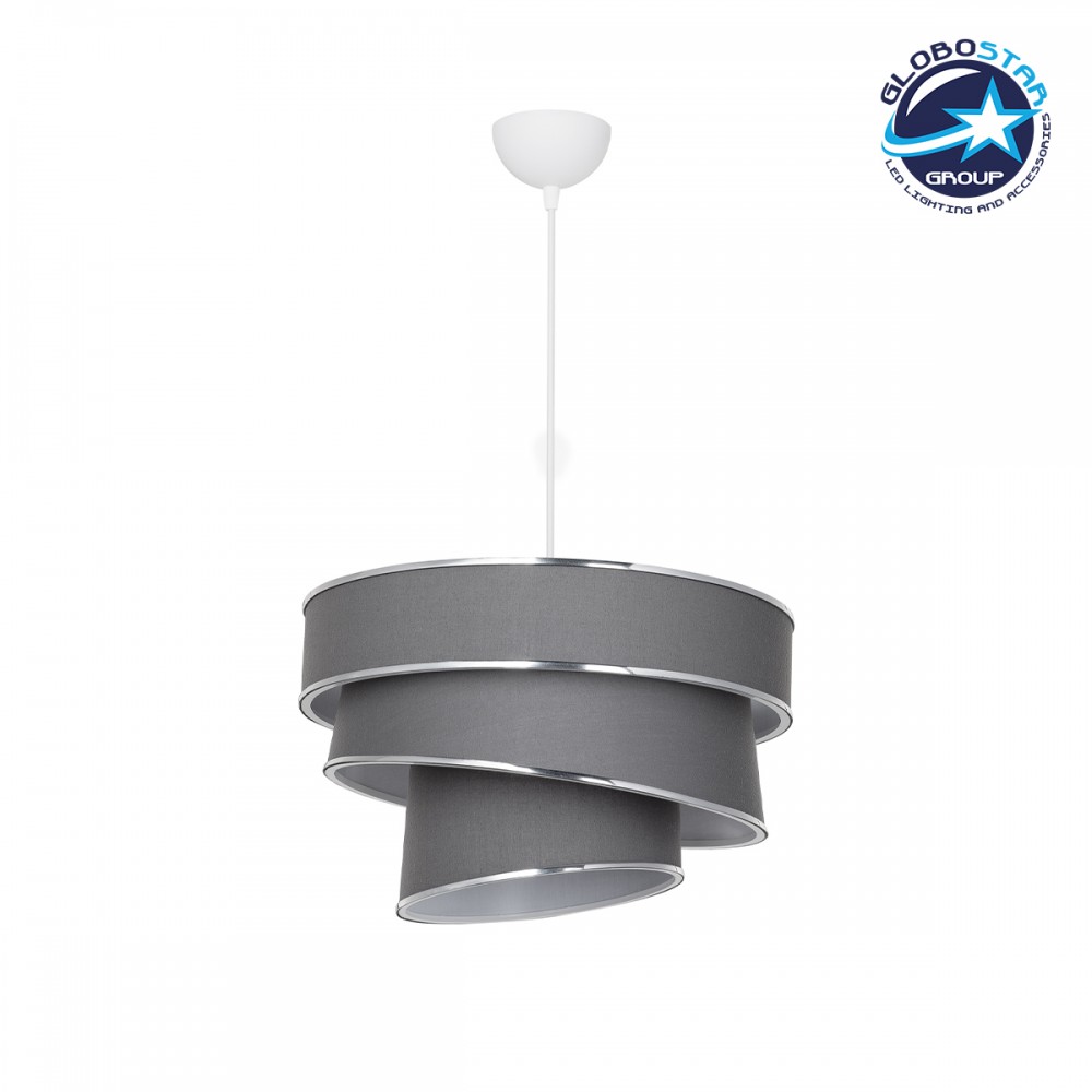 GloboStar® SIERA 203-0167 Μοντέρνο Κρεμαστό Φωτιστικό Καπέλο Μονόφωτο 1 x E27 IP20 Γκρι Ύφασμα με Ασημί Λεπτομέρεια - Μ38 x Π38 x Υ95cm