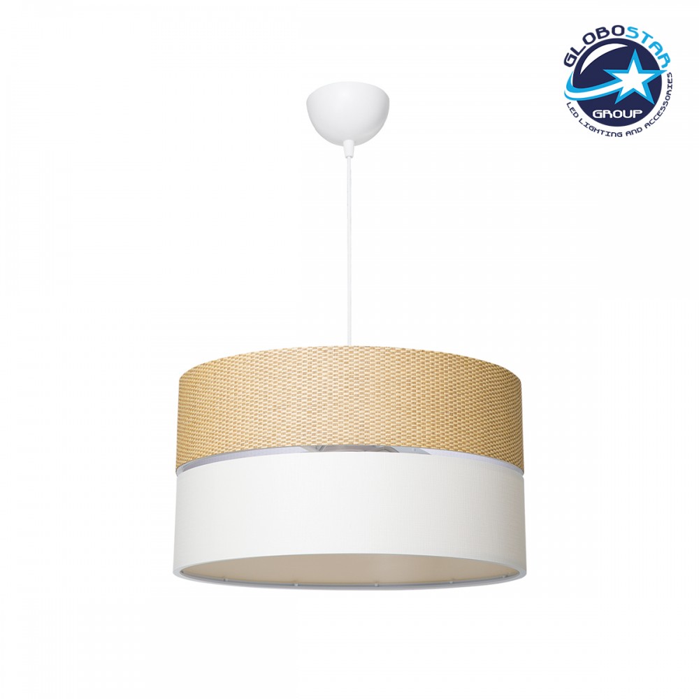 GloboStar® LIVA 203-0173 Μοντέρνο Κρεμαστό Φωτιστικό Καπέλο Μονόφωτο 1 x E27 IP20 Καφέ & Λευκό Ύφασμα - Μ38 x Π38 x Υ95cm