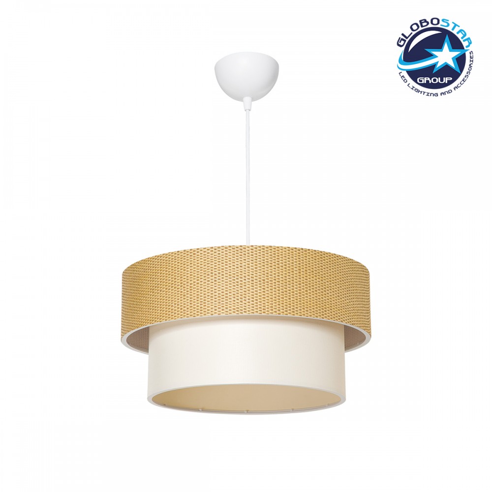 GloboStar® LIVI 203-0174 Μοντέρνο Κρεμαστό Φωτιστικό Καπέλο Μονόφωτο 1 x E27 IP20 Καφέ & Λευκό Ύφασμα - Μ38 x Π38 x Υ95cm