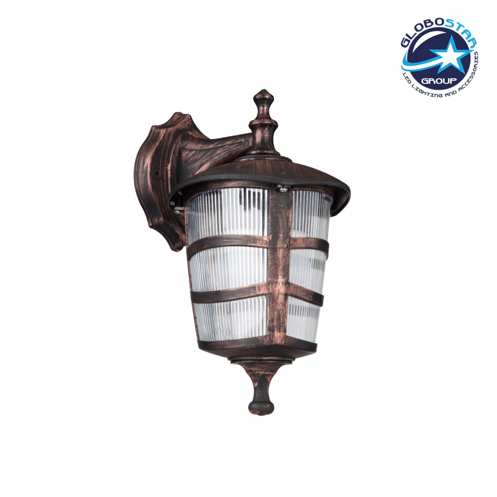 GloboStar® ZARDIN 203-0226 Vintage Επιτοίχιο Φωτιστικό Φαναράκι Μονόφωτο 1 x E27 IP44 Χάλκινο Πλαστικό Σώμα - Μ22 x Π17 x Υ27cm