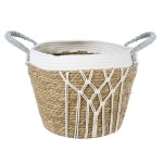 GloboStar® Artificial Garden SARDINIA 20335 ΣΕΤ 3 Διακοσμητικά Πλεκτά Καλάθια - Κασπώ Γλάστρες - Flower Pots Μπεζ με Μακραμέ A:Φ25cm x Υ20cm B:Φ30cm x Υ27cm C:Φ35cm x Υ30cm