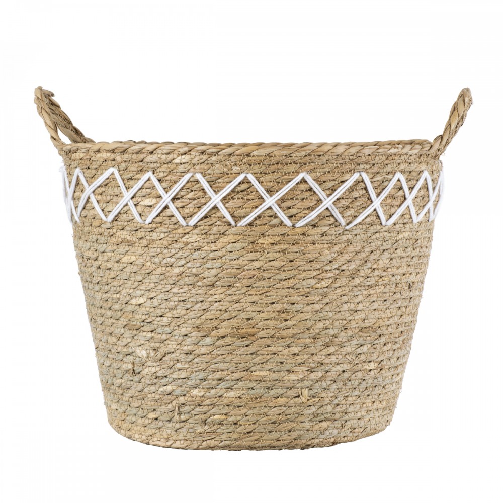 GloboStar® Artificial Garden ZAKYNTHOS 20336 ΣΕΤ 3 Διακοσμητικά Πλεκτά Καλάθια - Κασπώ Γλάστρες - Flower Pots Μπεζ με Μακραμέ A:Φ24cm x Υ20cm B:Φ28cm x Υ24cm C:Φ32cm x Υ28cm