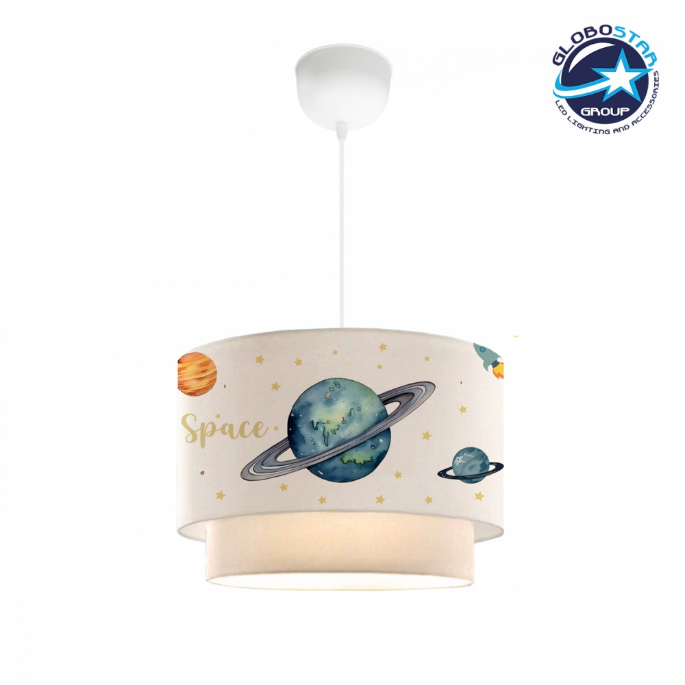 GloboStar® SATURN 204-0012 Παιδικό Κρεμαστό Φωτιστικό Φιγούρα Μονόφωτο 1 x E27 IP20 Λευκό Ύφασμα - Μ30 x Π30 x Υ70cm