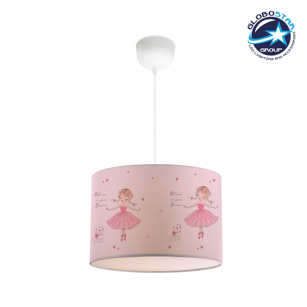 GloboStar® BALLERINA 204-0015 Παιδικό Κρεμαστό Φωτιστικό Φιγούρα Μονόφωτο 1 x E27 IP20 Ροζ Ύφασμα - Μ28 x Π28 x Υ70cm