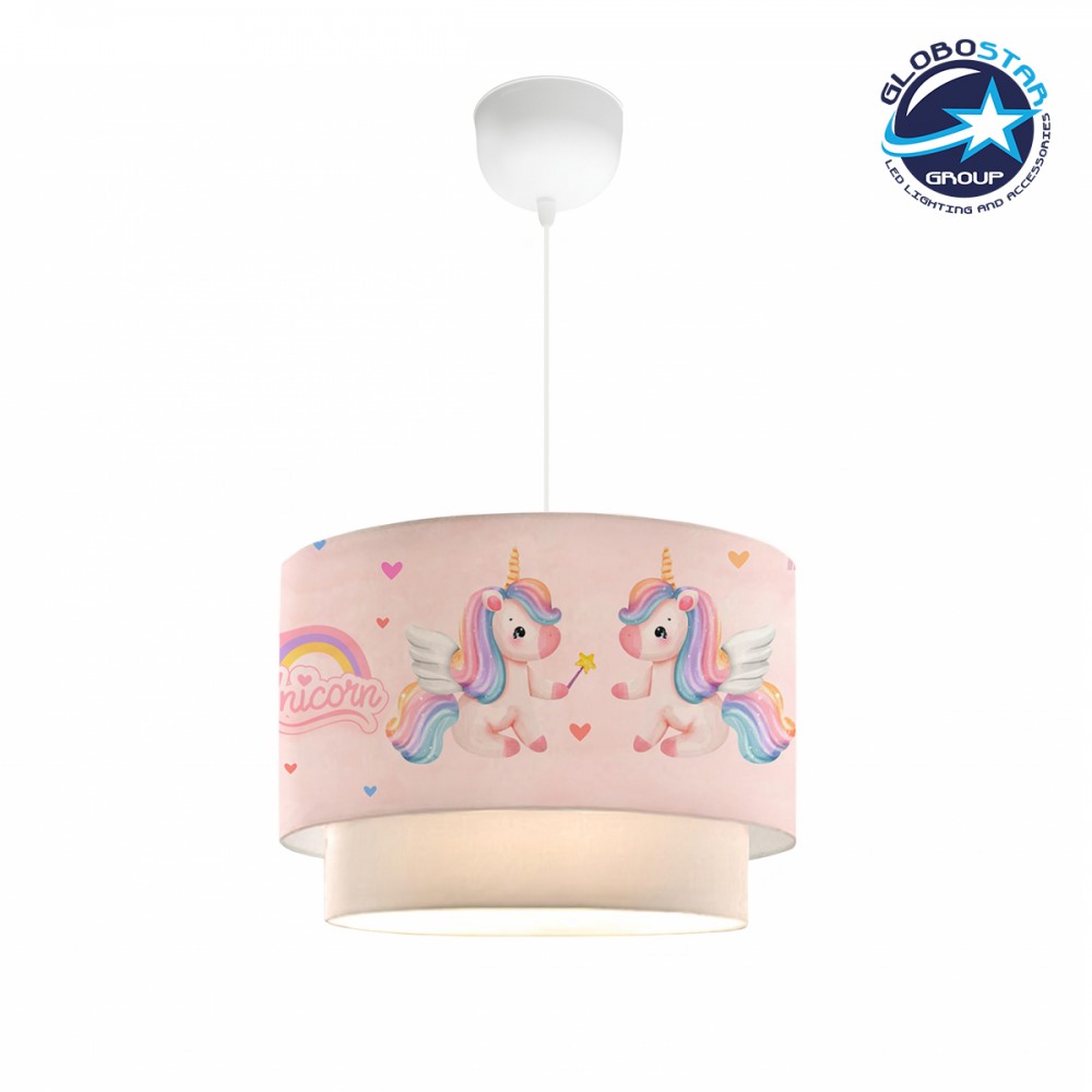 GloboStar® PONY 204-0016 Παιδικό Κρεμαστό Φωτιστικό Φιγούρα Μονόφωτο 1 x E27 IP20 Ροζ Ύφασμα - Μ30 x Π30 x Υ70cm