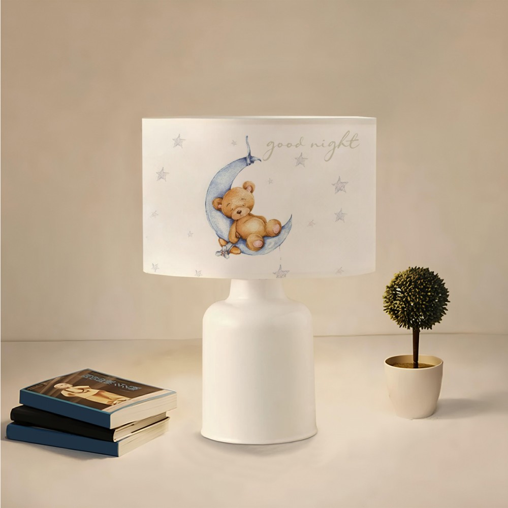 GloboStar® MOON 204-0023 Παιδικό Eπιτραπέζιο Φωτιστικό Πορτατίφ Μονόφωτο 1 x E27 IP20 Πολύχρωμο Ύφασμα με Λευκό Πλαστικό - Μ24 x Π24 x Υ32cm