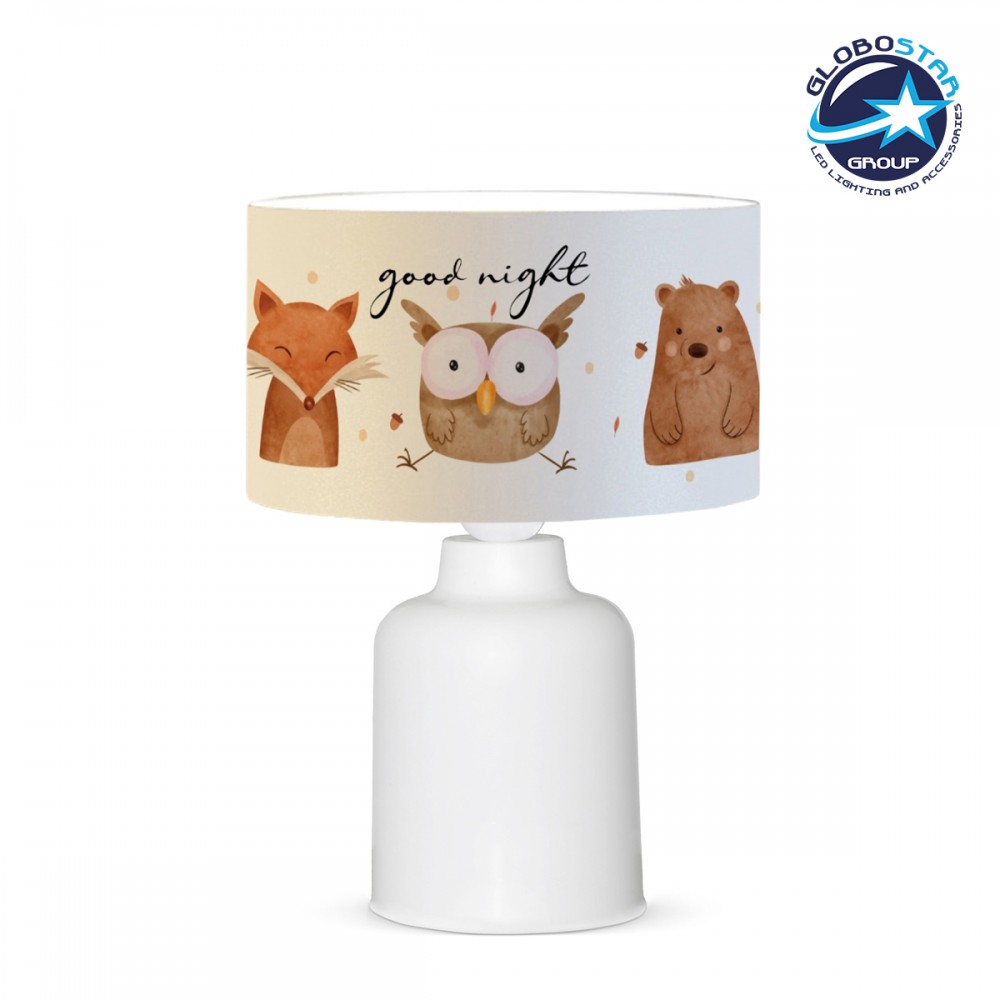 GloboStar® OWL 204-0024 Παιδικό Eπιτραπέζιο Φωτιστικό Πορτατίφ Μονόφωτο 1 x E27 IP20 Πολύχρωμο Ύφασμα με Λευκό Πλαστικό - Μ24 x Π24 x Υ32cm