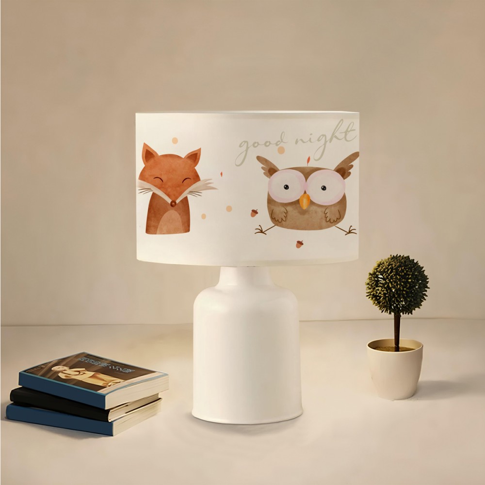 GloboStar® OWL 204-0024 Παιδικό Eπιτραπέζιο Φωτιστικό Πορτατίφ Μονόφωτο 1 x E27 IP20 Πολύχρωμο Ύφασμα με Λευκό Πλαστικό - Μ24 x Π24 x Υ32cm