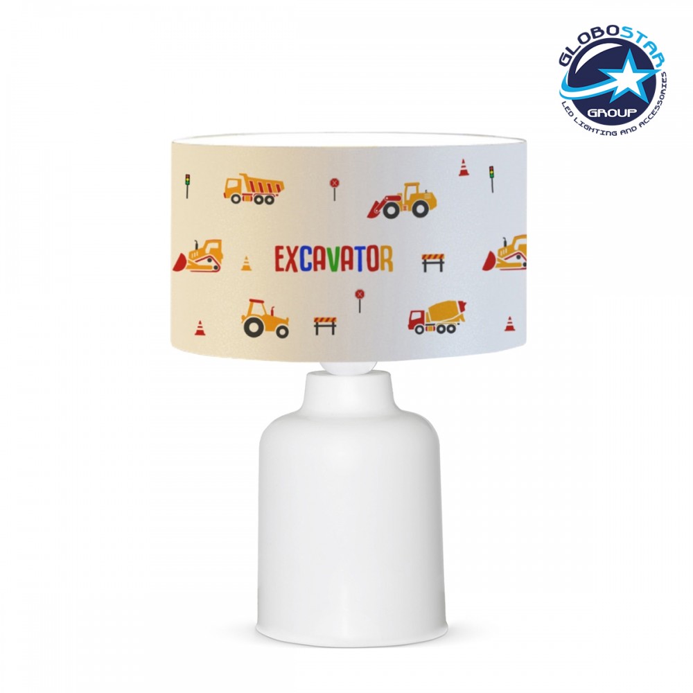 GloboStar® EXCAVATOR 204-0027 Παιδικό Eπιτραπέζιο Φωτιστικό Πορτατίφ Μονόφωτο 1 x E27 IP20 Πολύχρωμο Ύφασμα με Λευκό Πλαστικό - Μ24 x Π24 x Υ32cm