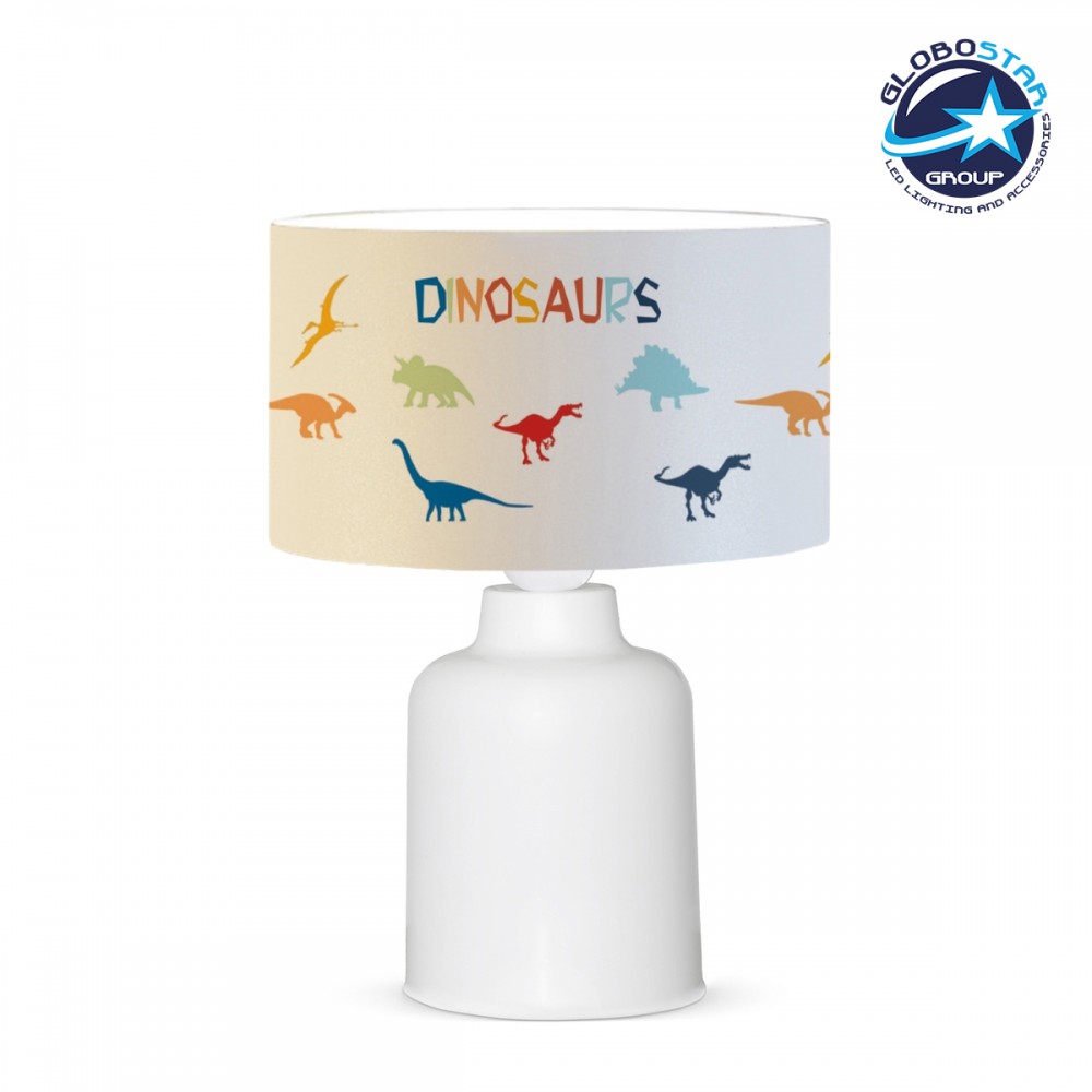 GloboStar® DINO 204-0028 Παιδικό Eπιτραπέζιο Φωτιστικό Πορτατίφ Μονόφωτο 1 x E27 IP20 Πολύχρωμο Ύφασμα με Λευκό Πλαστικό - Μ24 x Π24 x Υ32cm