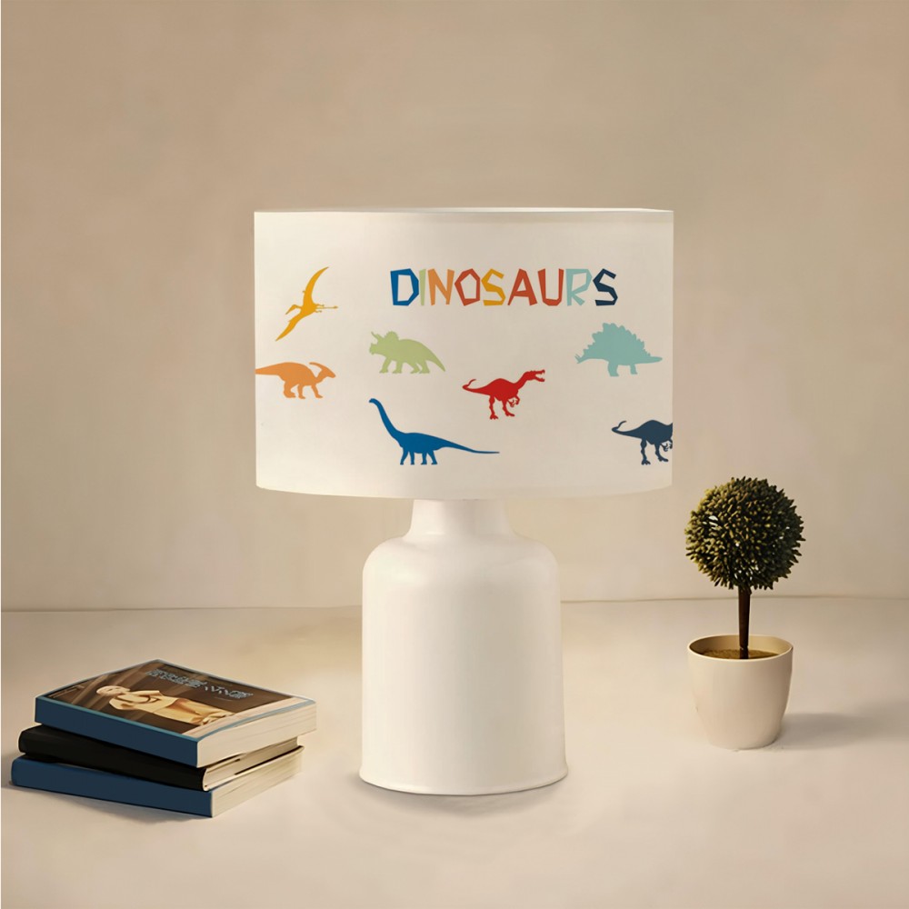 GloboStar® DINO 204-0028 Παιδικό Eπιτραπέζιο Φωτιστικό Πορτατίφ Μονόφωτο 1 x E27 IP20 Πολύχρωμο Ύφασμα με Λευκό Πλαστικό - Μ24 x Π24 x Υ32cm