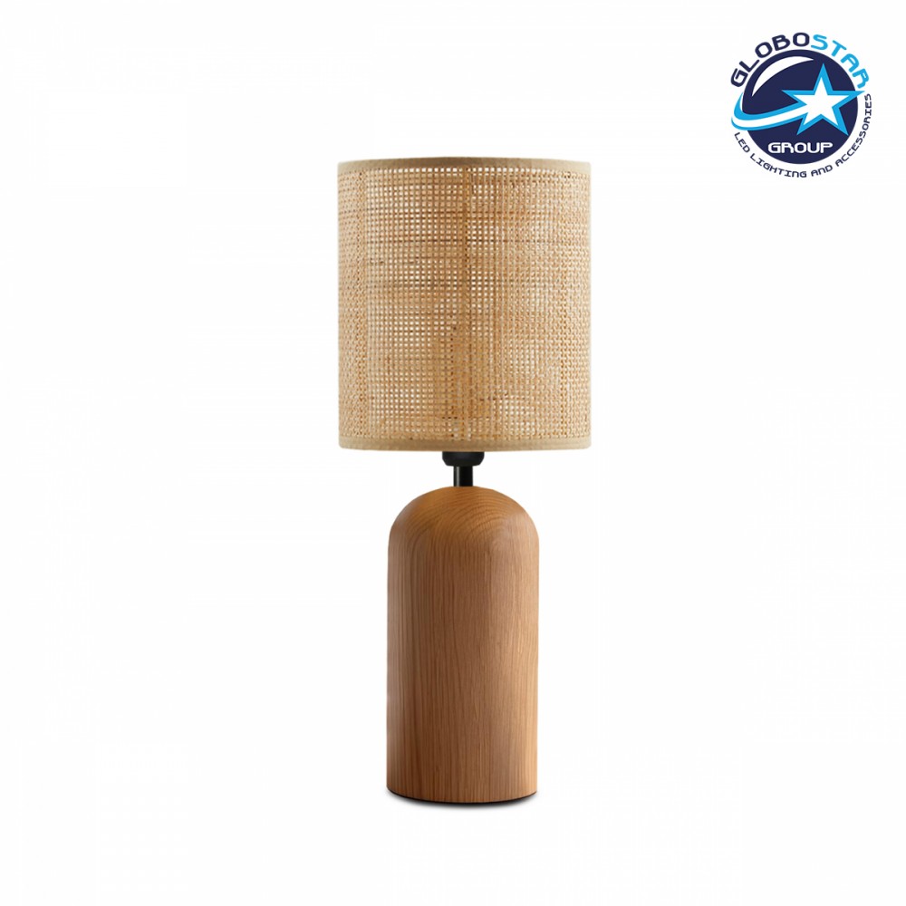 GloboStar® HARD 204-0065 Boho Eπιτραπέζιο Φωτιστικό Πορτατίφ Μονόφωτο 1 x E27 IP20 Καφέ Ξύλο με Μπεζ Ρατάν - Μ15 x Π15 x Υ35cm