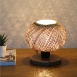 GloboStar® BOWL 204-0087 Μοντέρνο Eπιτραπέζιο Φωτιστικό Πορτατίφ Μονόφωτο 1 x E27 IP20 Καφέ Ξύλο με Μπεζ Σνοινί - Μ19 x Π19 x Υ22cm