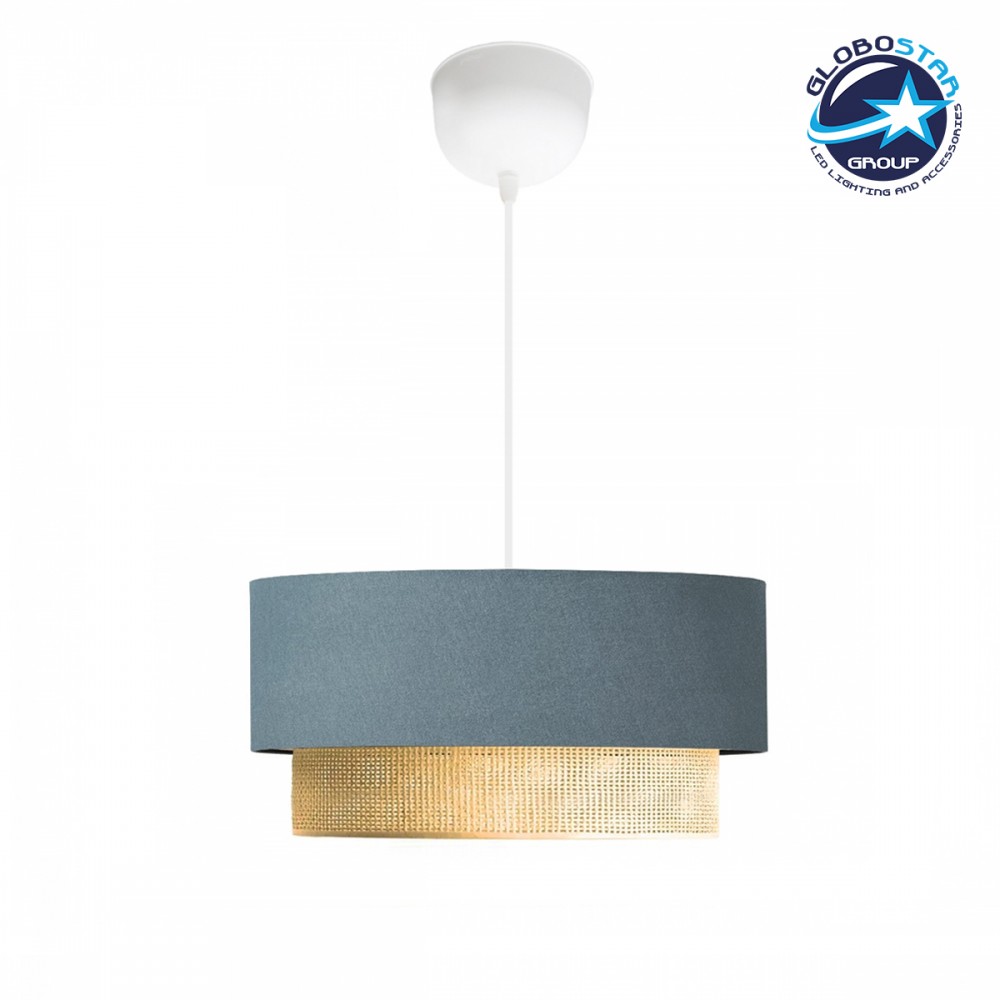 GloboStar® BIGGIE 204-0094 Μοντέρνο Κρεμαστό Φωτιστικό Kαπέλο Μονόφωτο 1 x E27 IP20 Μπλε Ύφασμα με Μπεζ Rattan - Μ30 x Π30 x Υ70cm