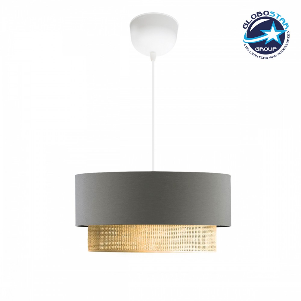 GloboStar® BIGGIE 204-0095 Μοντέρνο Κρεμαστό Φωτιστικό Kαπέλο Μονόφωτο 1 x E27 IP20 Γκρι Ύφασμα με Μπεζ Rattan - Μ30 x Π30 x Υ70cm