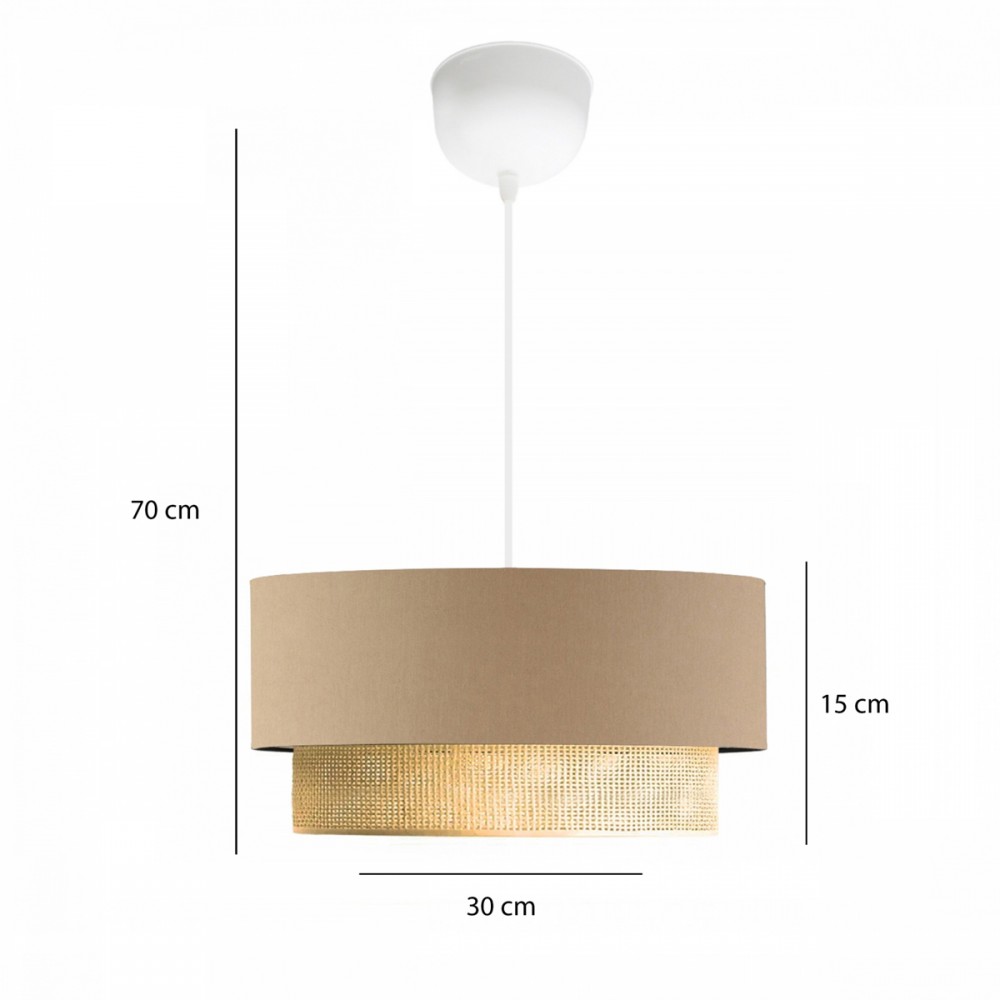 GloboStar® BIGGIE 204-0096 Μοντέρνο Κρεμαστό Φωτιστικό Kαπέλο Μονόφωτο 1 x E27 IP20 Μπεζ  Ύφασμα με Μπεζ Rattan - Μ30 x Π30 x Υ70cm