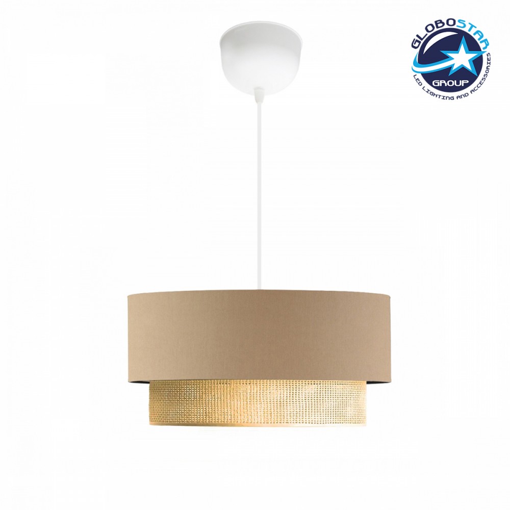 GloboStar® BIGGIE 204-0096 Μοντέρνο Κρεμαστό Φωτιστικό Kαπέλο Μονόφωτο 1 x E27 IP20 Μπεζ  Ύφασμα με Μπεζ Rattan - Μ30 x Π30 x Υ70cm
