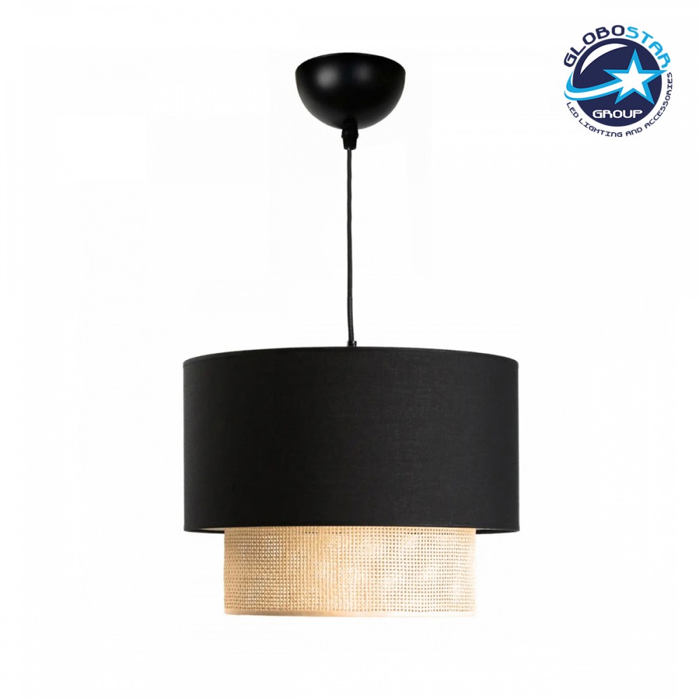 GloboStar® BIGGIE 204-0098 Μοντέρνο Κρεμαστό Φωτιστικό Kαπέλο Μονόφωτο 1 x E27 IP20 Μαύρο Ύφασμα με Μπεζ Rattan - Μ30 x Π30 x Υ70cm