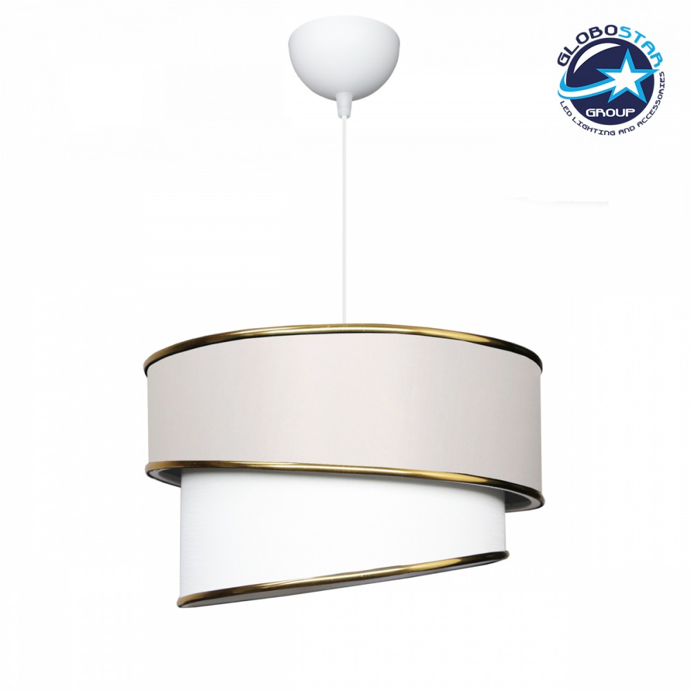 GloboStar® CYCLOP 204-0102 Μοντέρνο Κρεμαστό Φωτιστικό Kαπέλο Μονόφωτο 1 x E27 IP20 Μπεζ & Λευκό Ύφασμα - Μ30 x Π30 x Υ70cm