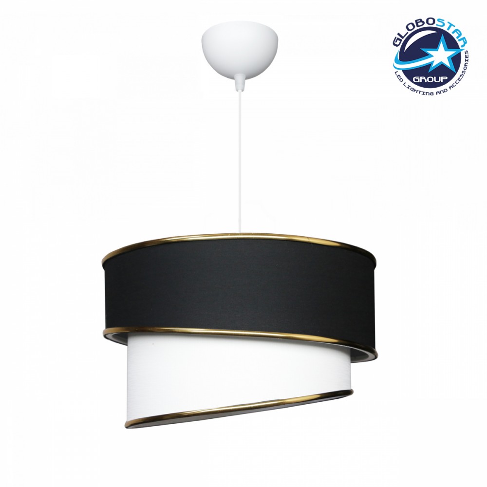 GloboStar® CYCLOP 204-0103 Μοντέρνο Κρεμαστό Φωτιστικό Kαπέλο Μονόφωτο 1 x E27 IP20 Μαύρο & Λευκό Ύφασμα - Μ30 x Π30 x Υ70cm