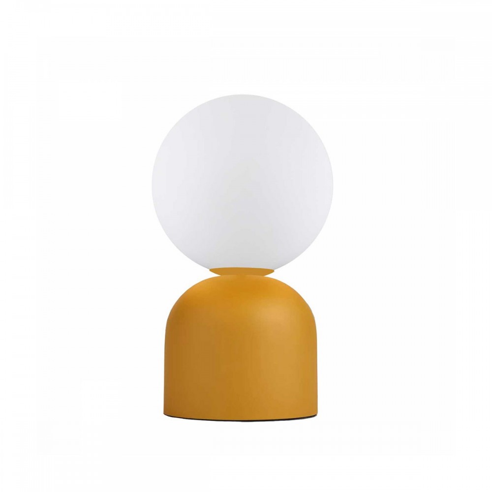 GloboStar® MAGIC 204-0131 Μοντέρνο Eπιτραπέζιο Φωτιστικό Μονόφωτο 1 x E27 IP20 Κίτρινο Μέταλλο με Λευκό Γυαλί - Μ13 x Π13 x Υ28cm