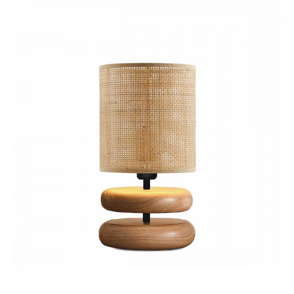 GloboStar® KLOO 204-0143 Boho Eπιτραπέζιο Φωτιστικό Μονόφωτο 1 x E27 IP20 Καφέ Ξύλο με Μπεζ Διάτρτητο Ύφασμα - Μ15 x Π15 x Υ35cm
