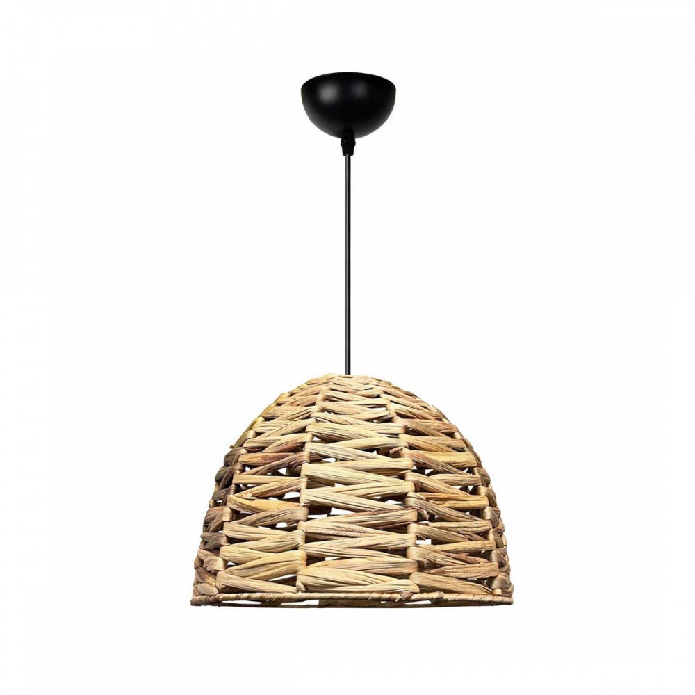 GloboStar® MEKA 204-0165 Boho Κρεμαστό Φωτιστικό Καμπάνα Μονόφωτο 1 x E27 IP20 Μπεζ Rattan - Μ30 x Π30 x Υ25cm