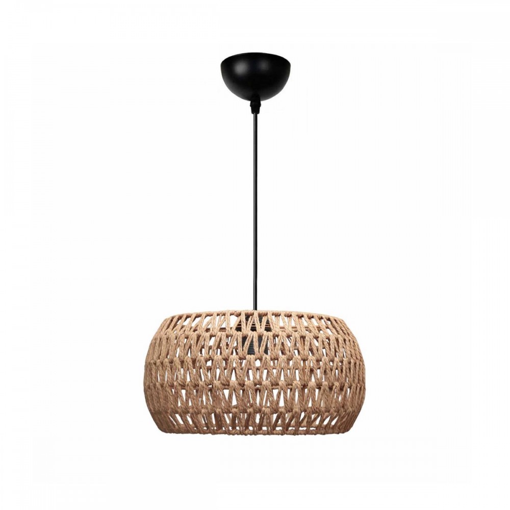 GloboStar® DARIO 204-0168 Boho Κρεμαστό Φωτιστικό Kαπέλο Μονόφωτο 1 x E27 IP20 Καφέ Σχοινί - Μ30 x Π30 x Υ15cm