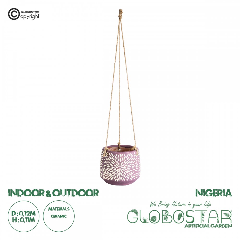 GloboStar® Artificial Garden NIGERIA 20529 Κρεμαστό Διακοσμητικό Κεραμικό Κασπώ Γλάστρα - Flower Pot Μωβ με Λευκό Φ12 x Υ11cm