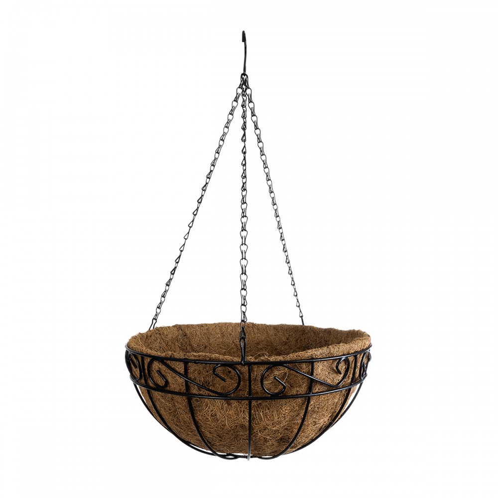 GloboStar® Artificial Garden KARYSTOS 20564 Κρεμαστό Διακοσμητικό Κασπώ Γλάστρα - Flower Pot από Φλοιό Καρύδας Καφέ με Μαύρη Μεταλλική Βάση Φ35 x Υ18cm